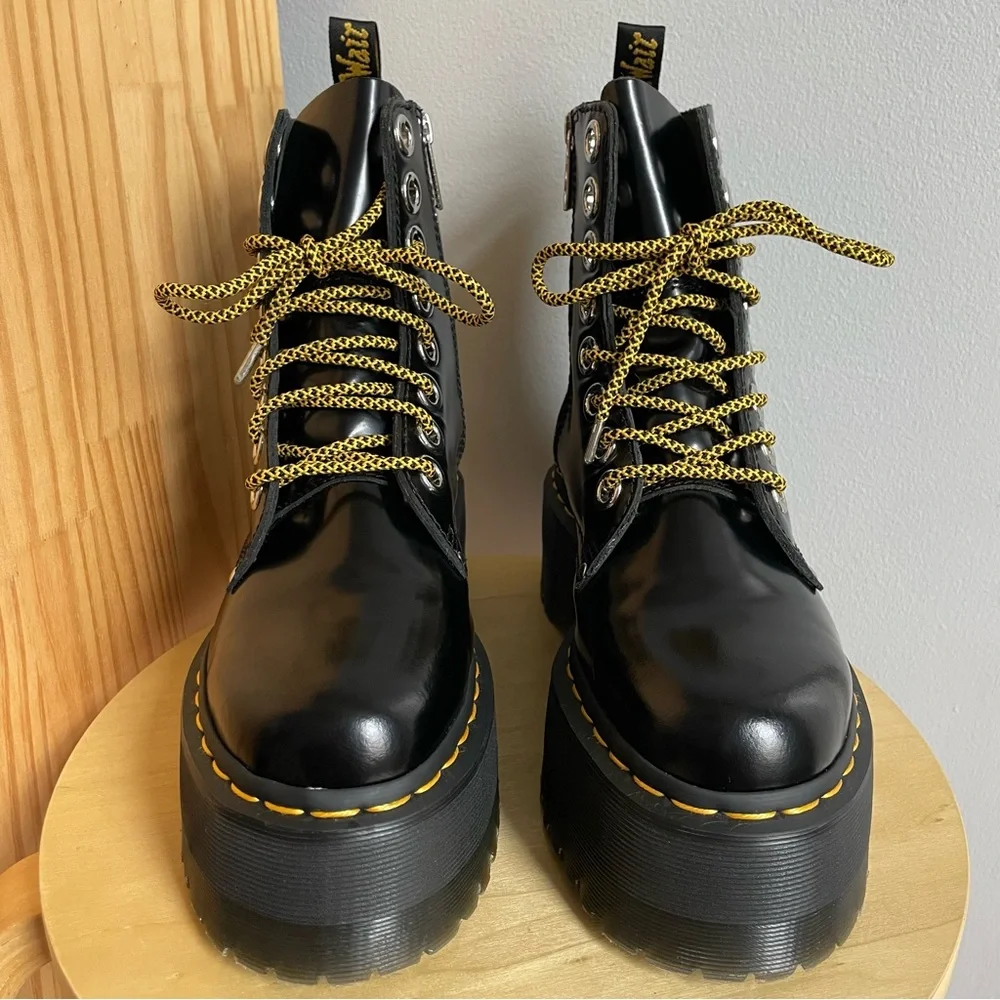 Dr. Martens Black Leather Platform Combat Boots with Yellow Accents - Picture 2 of 13